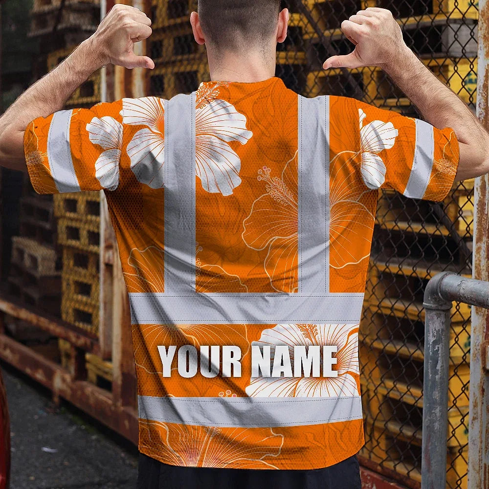Hi Vis Shirt Reflective Tapes Orange White Flowers Custom Name Safety Workwear For Workers, Truckers, Operators