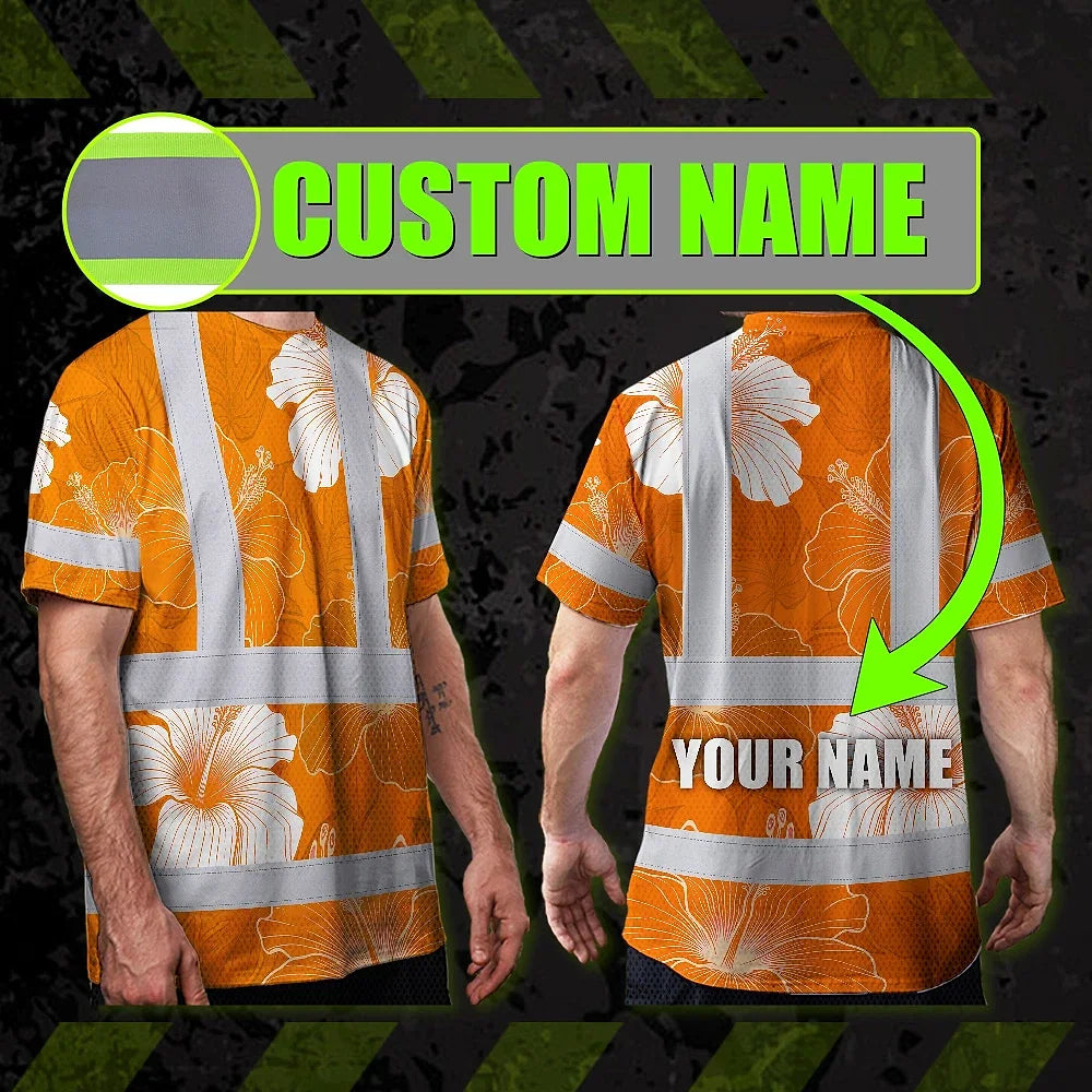 Hi Vis Shirt Reflective Tapes Orange White Flowers Custom Name Safety Workwear For Workers, Truckers, Operators