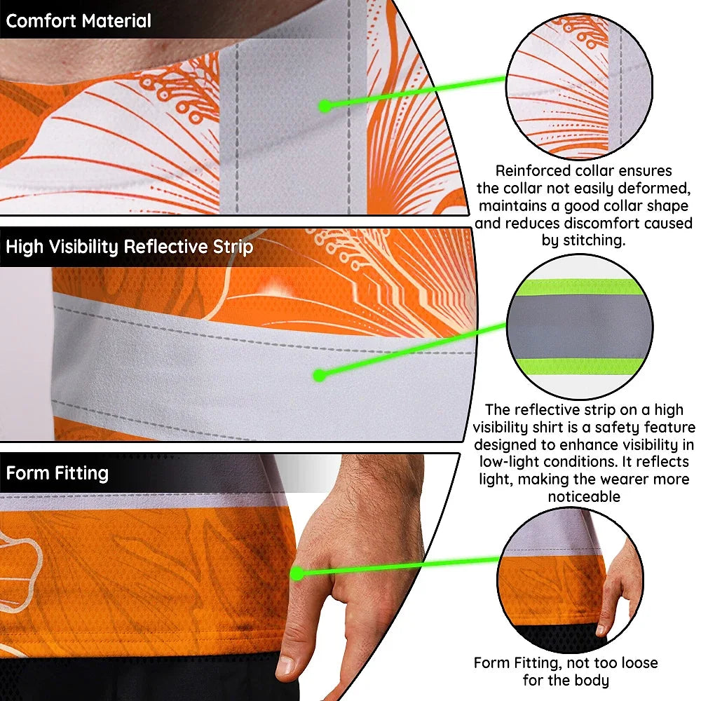 Hi Vis Shirt Reflective Tapes Orange White Flowers Custom Name Safety Workwear For Workers, Truckers, Operators