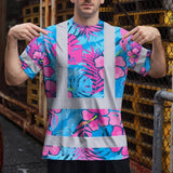 Hi Vis Shirt Reflective Tapes Pink Neon And Blue Flowers Custom Name Safety Workwear For Workers, Truckers, Operators