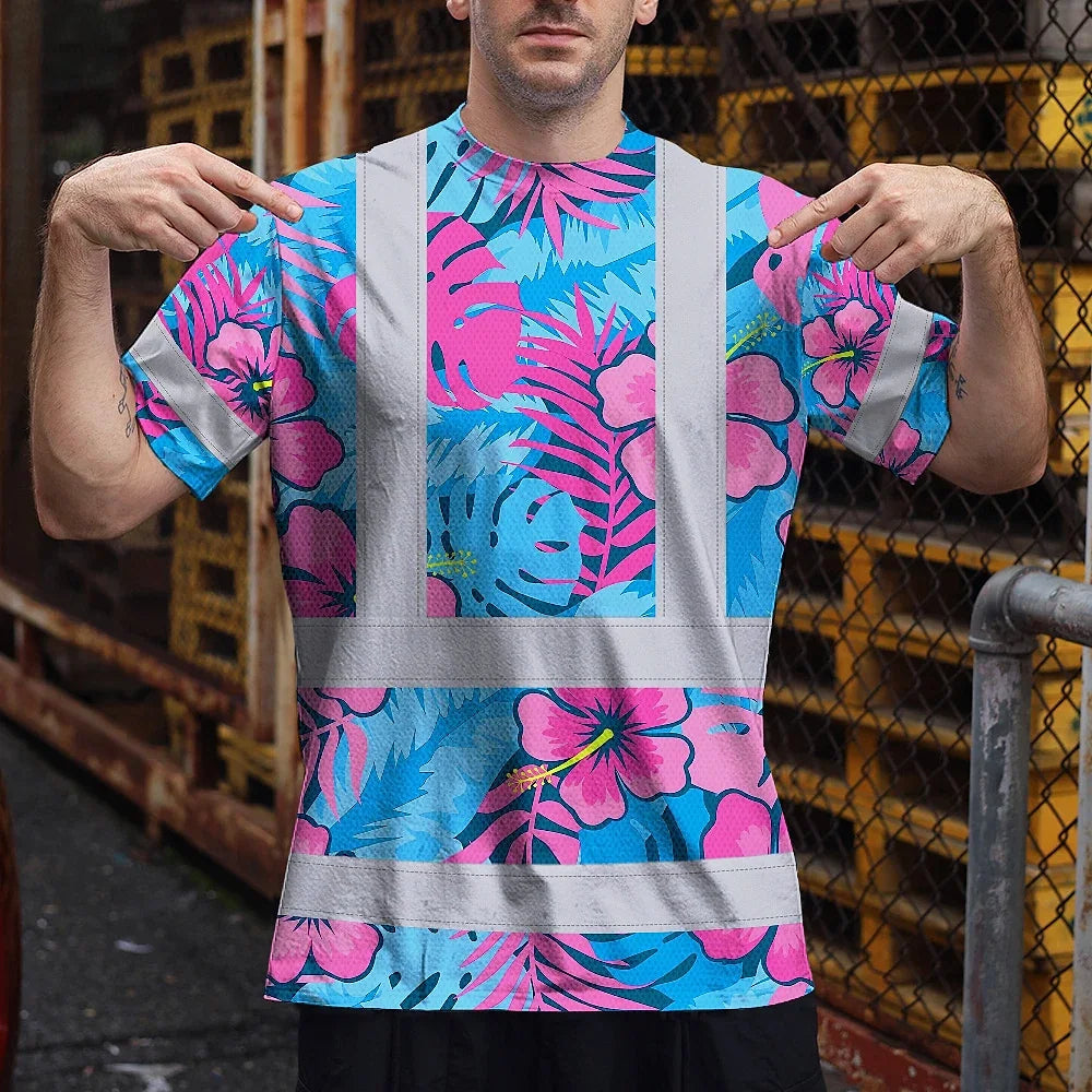 Hi Vis Shirt Reflective Tapes Pink Neon And Blue Flowers Custom Name Safety Workwear For Workers, Truckers, Operators