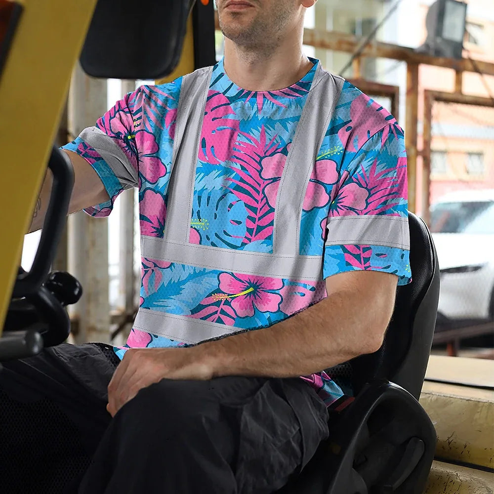 Hi Vis Shirt Reflective Tapes Pink Neon And Blue Flowers Custom Name Safety Workwear For Workers, Truckers, Operators
