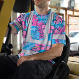 Hi Vis Shirt Reflective Tapes Pink Neon And Blue Flowers Custom Name Safety Workwear For Workers, Truckers, Operators
