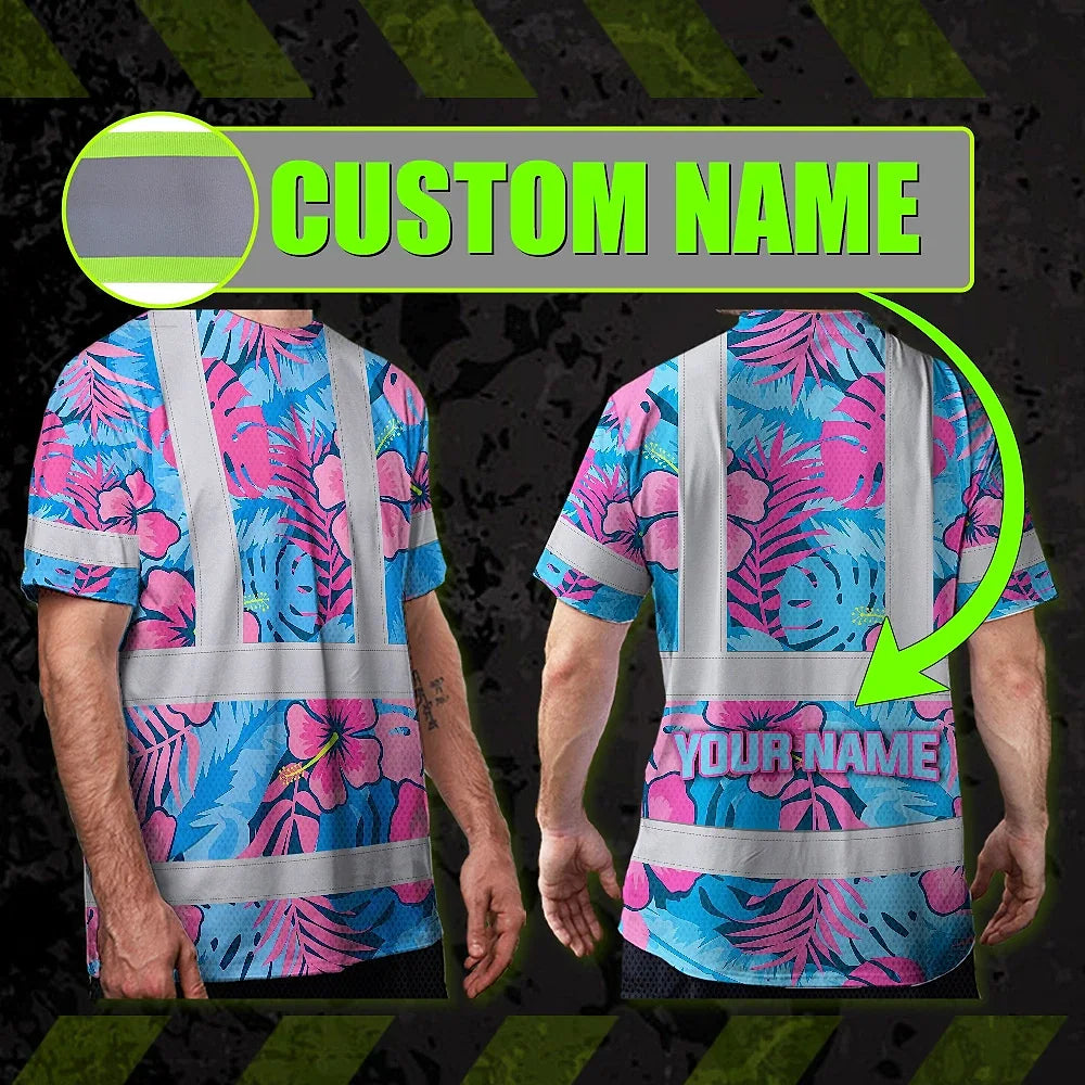 Hi Vis Shirt Reflective Tapes Pink Neon And Blue Flowers Custom Name Safety Workwear For Workers, Truckers, Operators