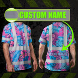 Hi Vis Shirt Reflective Tapes Pink Neon And Blue Flowers Custom Name Safety Workwear For Workers, Truckers, Operators