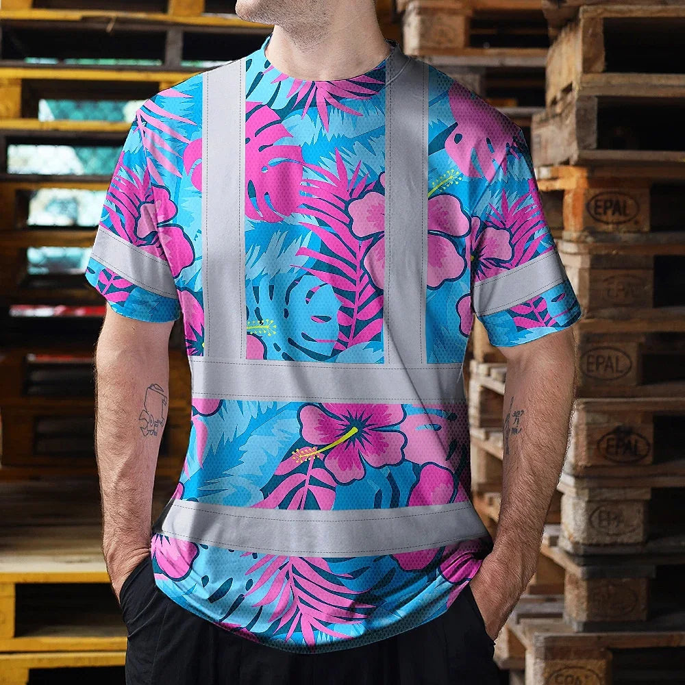 Hi Vis Shirt Reflective Tapes Pink Neon And Blue Flowers Custom Name Safety Workwear For Workers, Truckers, Operators