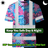 Hi Vis Shirt Reflective Tapes Pink Neon And Blue Flowers Custom Name Safety Workwear For Workers, Truckers, Operators