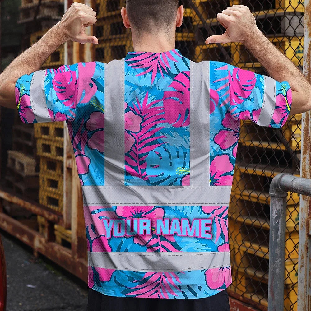 Hi Vis Shirt Reflective Tapes Pink Neon And Blue Flowers Custom Name Safety Workwear For Workers, Truckers, Operators