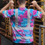 Hi Vis Shirt Reflective Tapes Pink Neon And Blue Flowers Custom Name Safety Workwear For Workers, Truckers, Operators