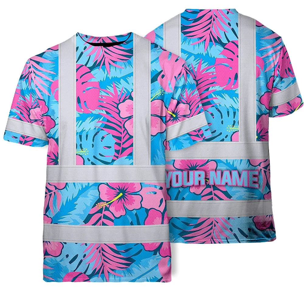 Hi Vis Shirt Reflective Tapes Pink Neon And Blue Flowers Custom Name Safety Workwear For Workers, Truckers, Operators