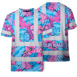 Hi Vis Shirt Reflective Tapes Pink Neon And Blue Flowers Custom Name Safety Workwear For Workers, Truckers, Operators