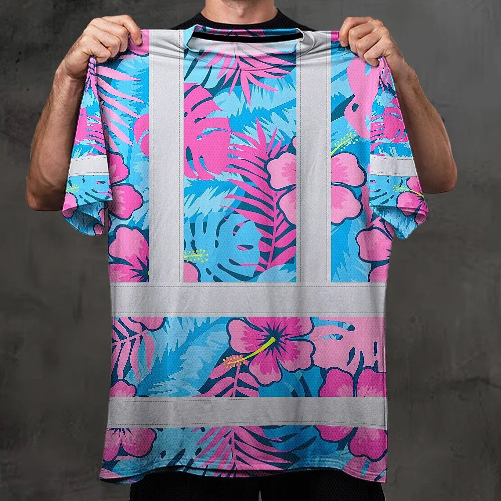 Hi Vis Shirt Reflective Tapes Pink Neon And Blue Flowers Custom Name Safety Workwear For Workers, Truckers, Operators