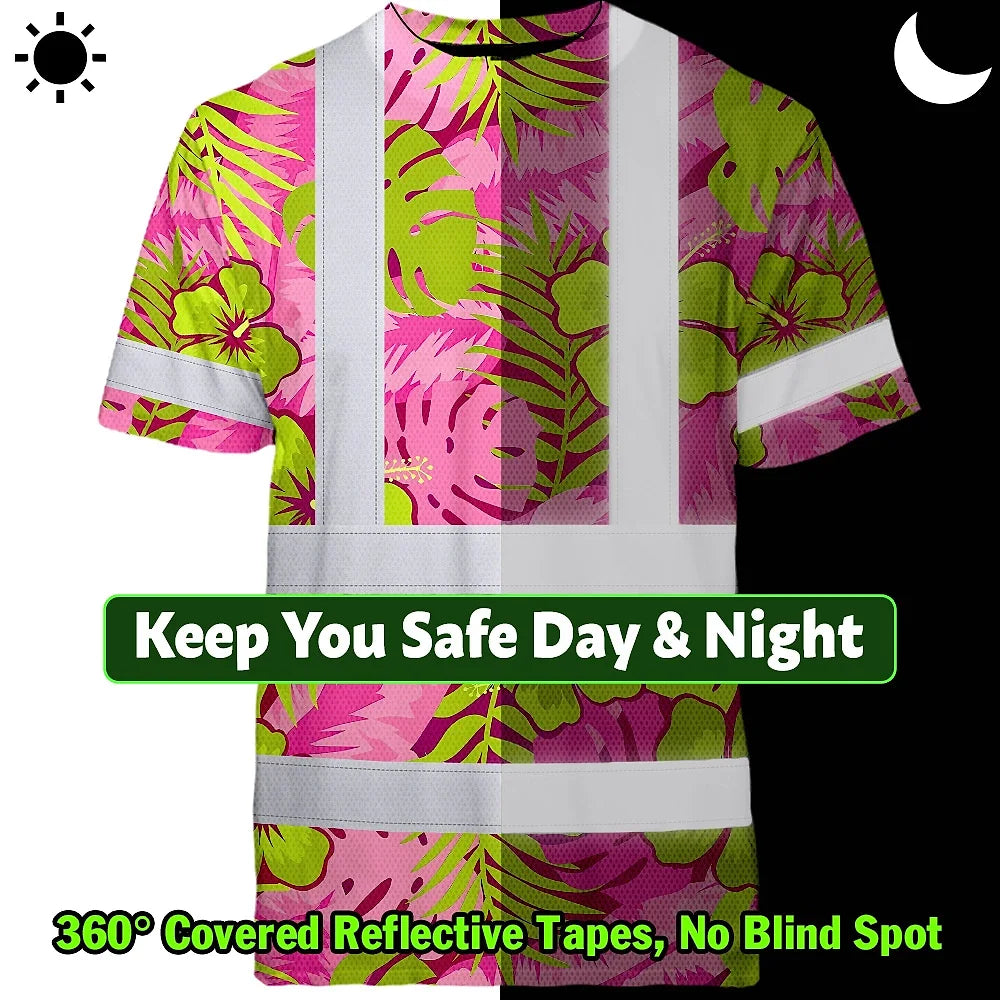 Hi Vis Shirt Reflective Tapes Pink Neon And Lime Flowers Custom Name Safety Workwear For Workers, Truckers, Operators