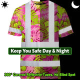 Hi Vis Shirt Reflective Tapes Pink Neon And Lime Flowers Custom Name Safety Workwear For Workers, Truckers, Operators