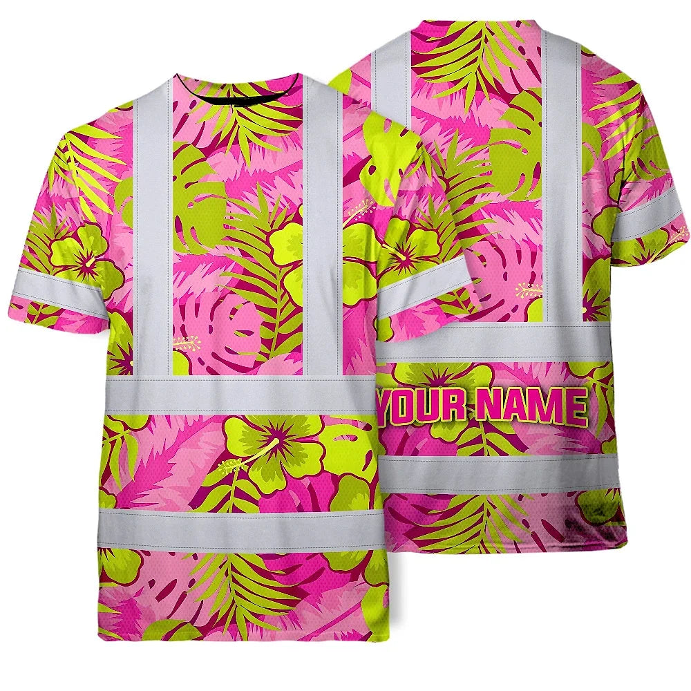 Hi Vis Shirt Reflective Tapes Pink Neon And Lime Flowers Custom Name Safety Workwear For Workers, Truckers, Operators