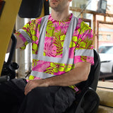 Hi Vis Shirt Reflective Tapes Pink Neon And Lime Flowers Custom Name Safety Workwear For Workers, Truckers, Operators