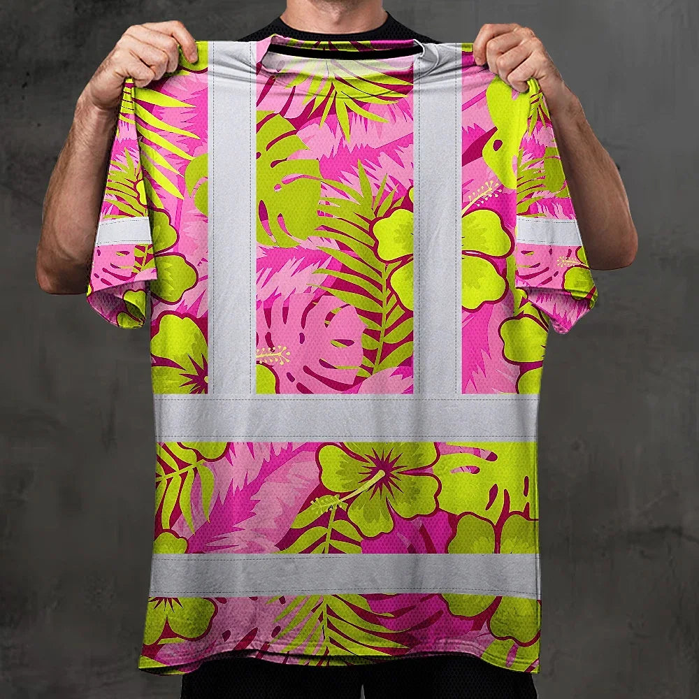 Hi Vis Shirt Reflective Tapes Pink Neon And Lime Flowers Custom Name Safety Workwear For Workers, Truckers, Operators