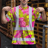 Hi Vis Shirt Reflective Tapes Pink Neon And Lime Flowers Custom Name Safety Workwear For Workers, Truckers, Operators