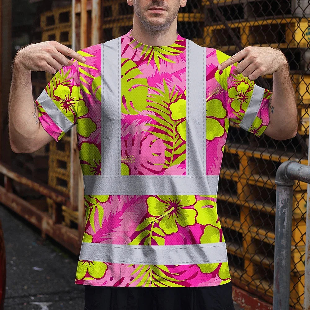 Hi Vis Shirt Reflective Tapes Pink Neon And Lime Flowers Custom Name Safety Workwear For Workers, Truckers, Operators