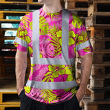 Hi Vis Shirt Reflective Tapes Pink Neon And Lime Flowers Custom Name Safety Workwear For Workers, Truckers, Operators