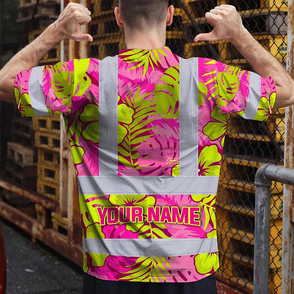 Hi Vis Shirt Reflective Tapes Pink Neon And Lime Flowers Custom Name Safety Workwear For Workers, Truckers, Operators