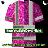 Hi Vis Shirt Reflective Tapes Pink Neon And White Flowers Custom Name Safety Workwear For Workers, Truckers, Operators