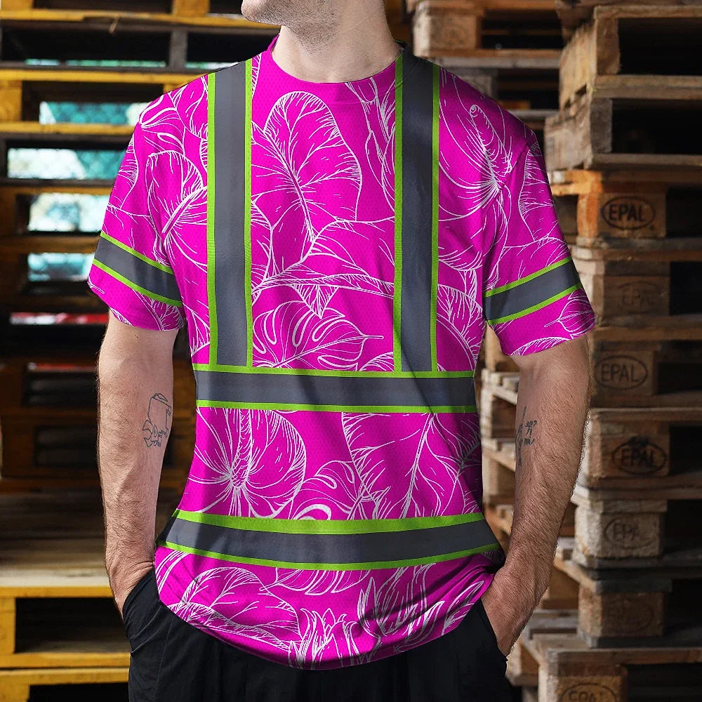 Hi Vis Shirt Reflective Tapes Pink Neon And White Flowers Custom Name Safety Workwear For Workers, Truckers, Operators