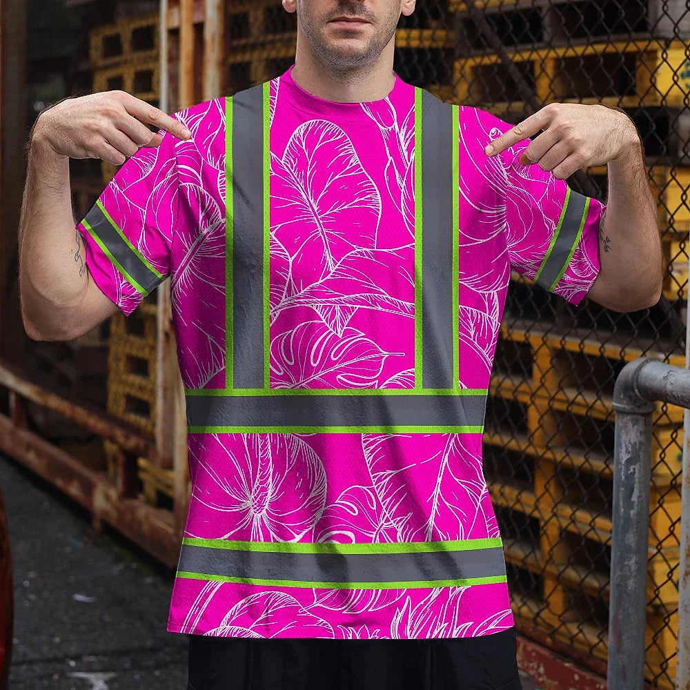 Hi Vis Shirt Reflective Tapes Pink Neon And White Flowers Custom Name Safety Workwear For Workers, Truckers, Operators