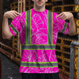 Hi Vis Shirt Reflective Tapes Pink Neon And White Flowers Custom Name Safety Workwear For Workers, Truckers, Operators