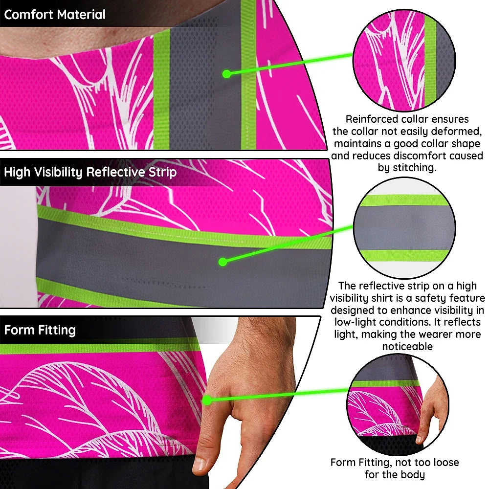Hi Vis Shirt Reflective Tapes Pink Neon And White Flowers Custom Name Safety Workwear For Workers, Truckers, Operators