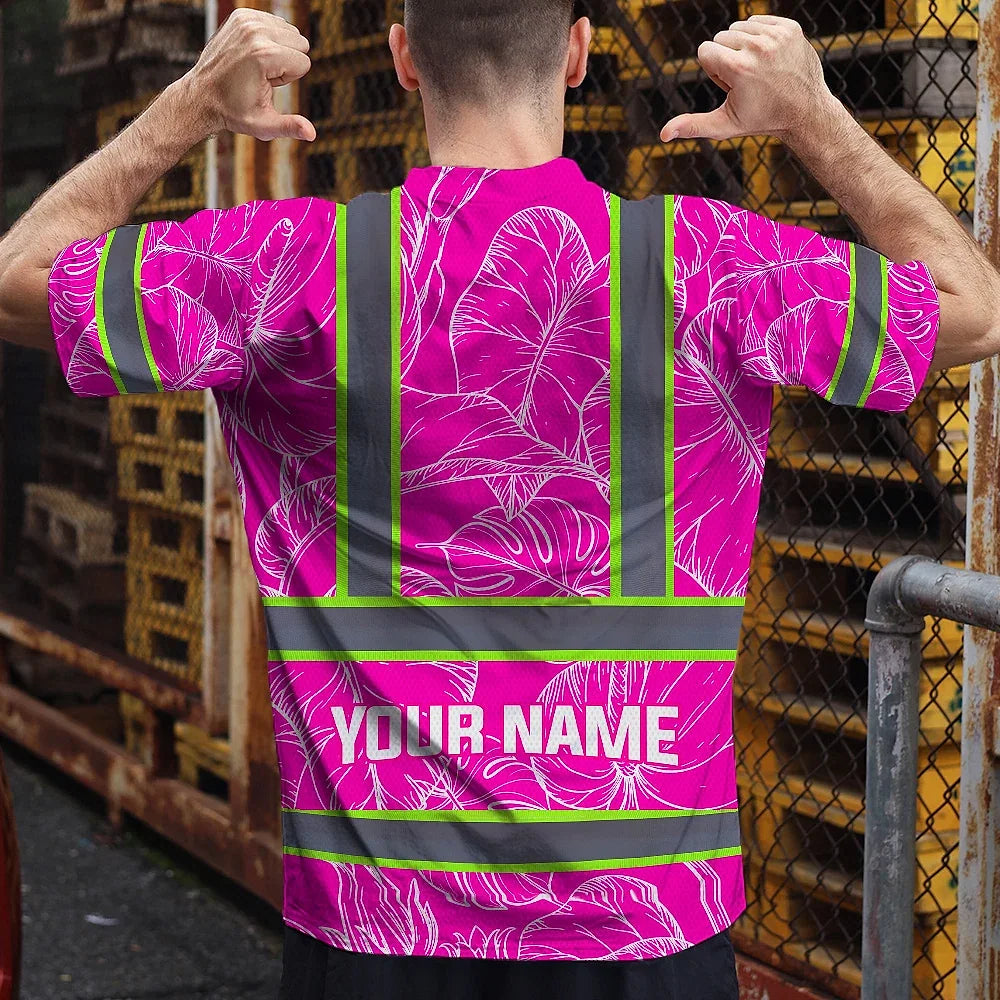 Hi Vis Shirt Reflective Tapes Pink Neon And White Flowers Custom Name Safety Workwear For Workers, Truckers, Operators