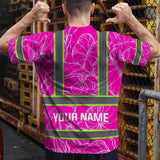 Hi Vis Shirt Reflective Tapes Pink Neon And White Flowers Custom Name Safety Workwear For Workers, Truckers, Operators