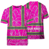 Hi Vis Shirt Reflective Tapes Pink Neon And White Flowers Custom Name Safety Workwear For Workers, Truckers, Operators