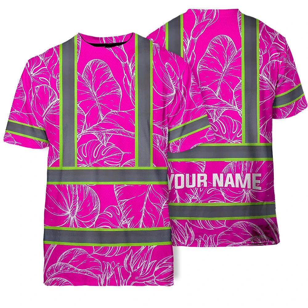 Hi Vis Shirt Reflective Tapes Pink Neon And White Flowers Custom Name Safety Workwear For Workers, Truckers, Operators