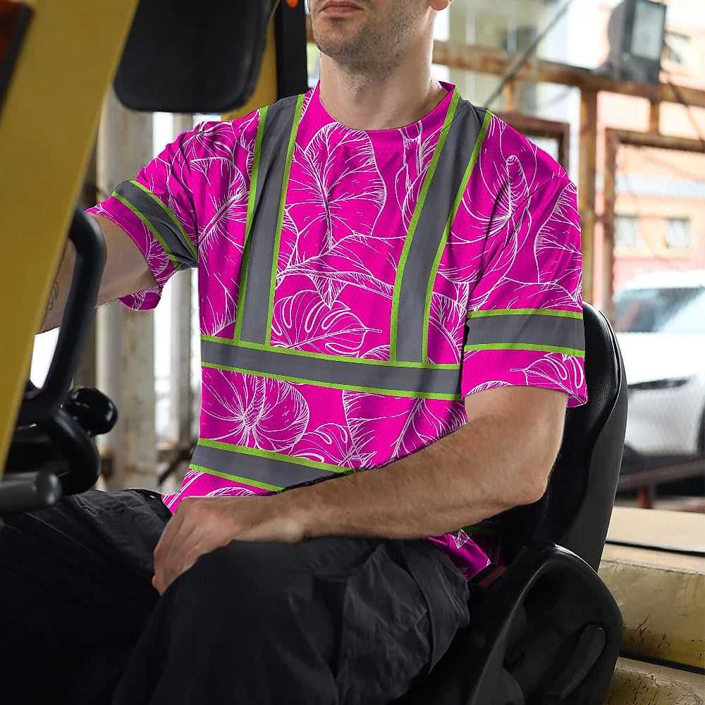 Hi Vis Shirt Reflective Tapes Pink Neon And White Flowers Custom Name Safety Workwear For Workers, Truckers, Operators