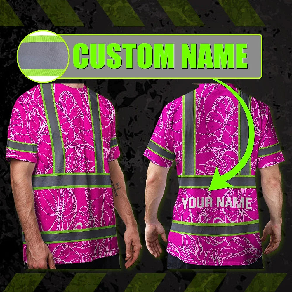 Hi Vis Shirt Reflective Tapes Pink Neon And White Flowers Custom Name Safety Workwear For Workers, Truckers, Operators