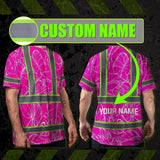 Hi Vis Shirt Reflective Tapes Pink Neon And White Flowers Custom Name Safety Workwear For Workers, Truckers, Operators