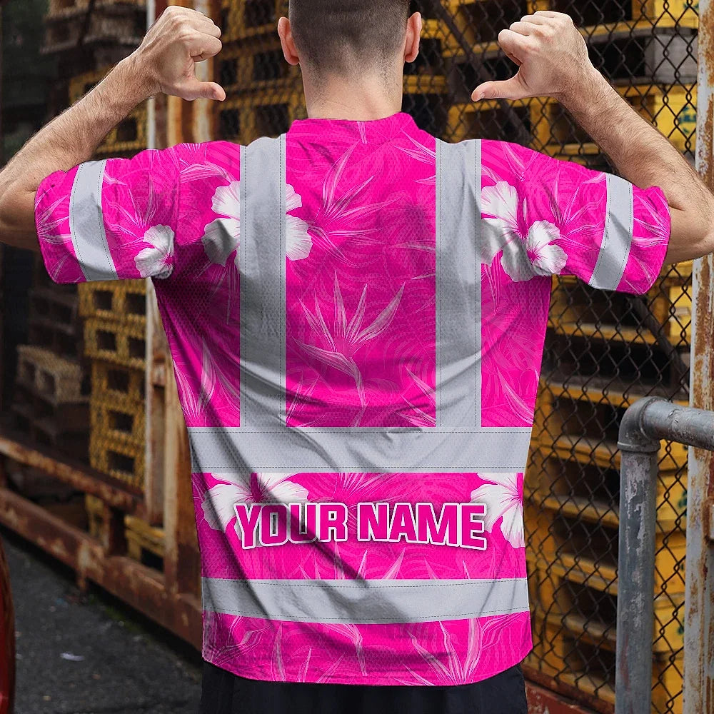 Hi Vis Shirt Reflective Tapes Pink Neon Flowers Custom Name Safety Workwear For Workers, Truckers, Operators