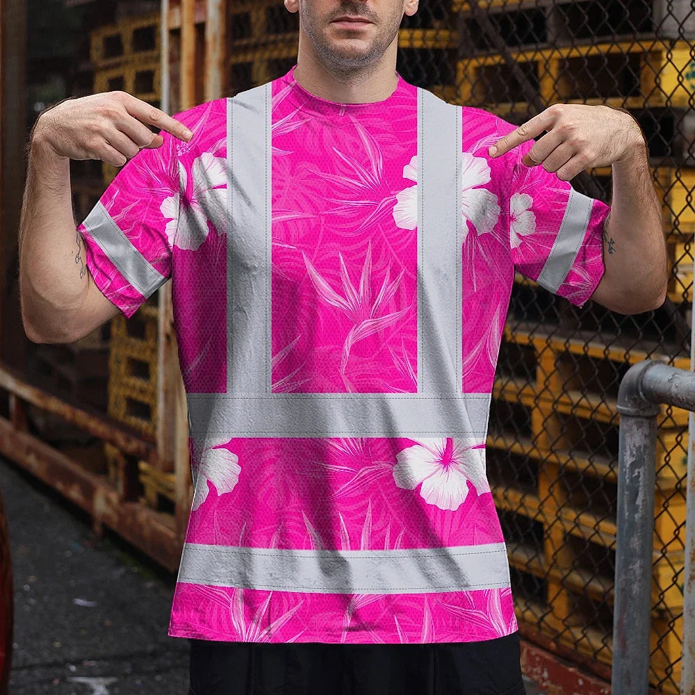 Hi Vis Shirt Reflective Tapes Pink Neon Flowers Custom Name Safety Workwear For Workers, Truckers, Operators