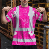 Hi Vis Shirt Reflective Tapes Pink Neon Flowers Custom Name Safety Workwear For Workers, Truckers, Operators