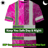 Hi Vis Shirt Reflective Tapes Pink Neon Flowers Custom Name Safety Workwear For Workers, Truckers, Operators