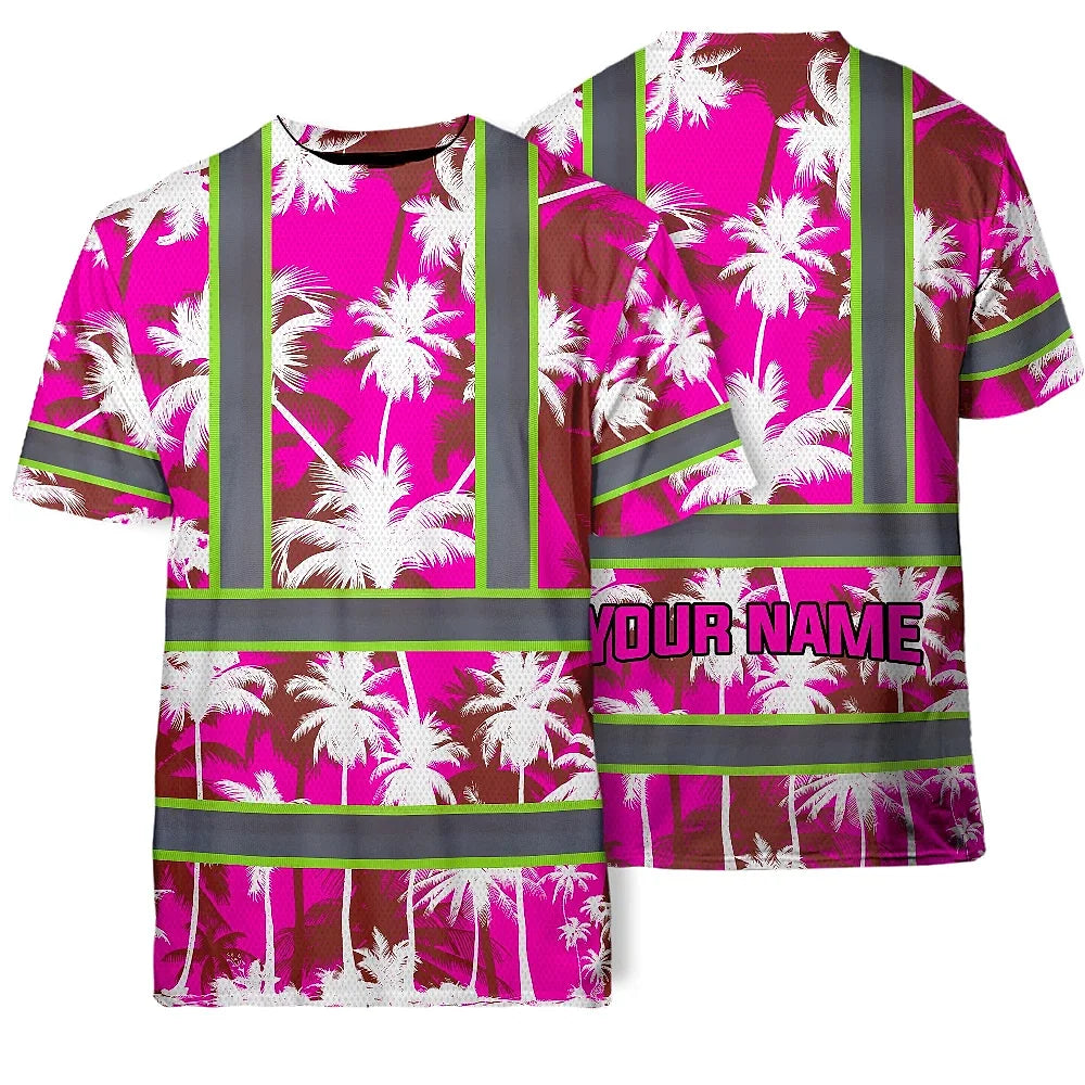 Hi Vis Shirt Reflective Tapes Pink Neon Flowers Custom Name Safety Workwear For Workers, Truckers, Operators