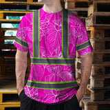 Hi Vis Shirt Reflective Tapes Pink Neon Flowers Custom Name Safety Workwear For Workers, Truckers, Operators