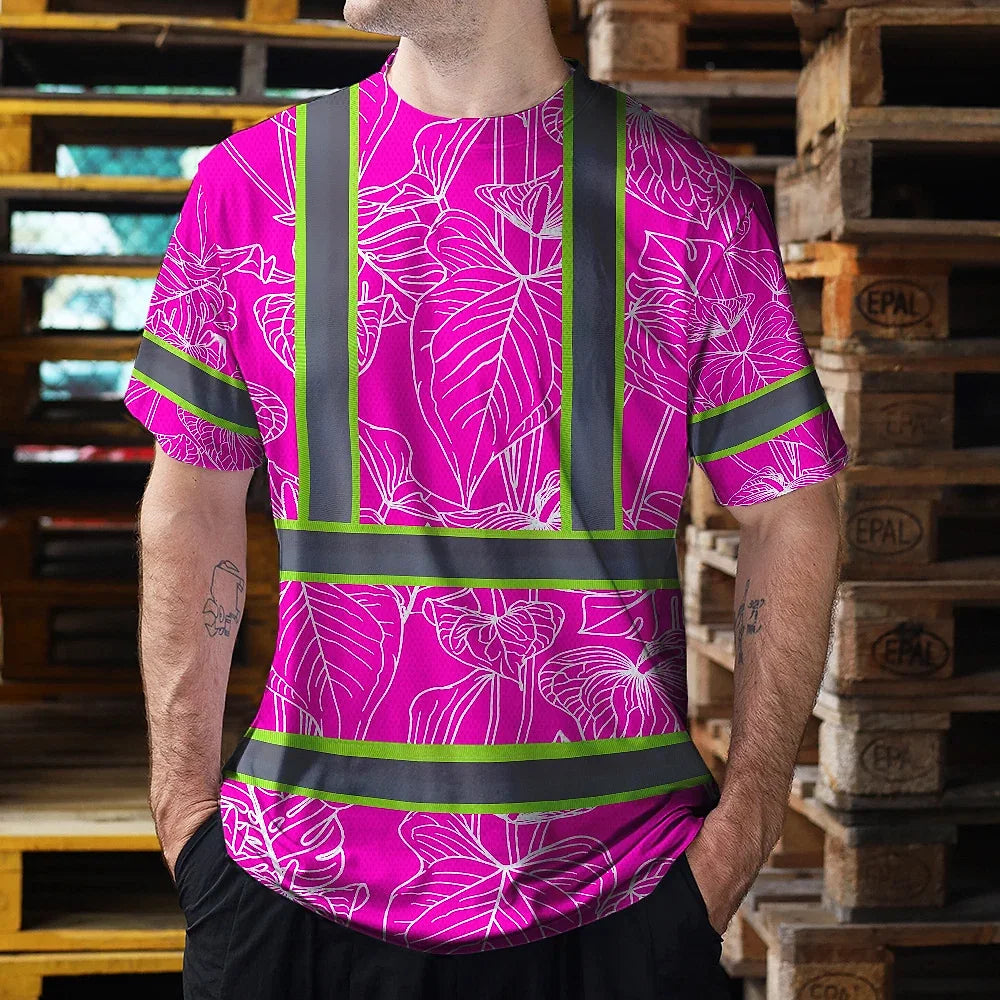 Hi Vis Shirt Reflective Tapes Pink Neon Flowers Custom Name Safety Workwear For Workers, Truckers, Operators