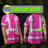 Hi Vis Shirt Reflective Tapes Pink Neon Flowers Custom Name Safety Workwear For Workers, Truckers, Operators