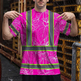 Hi Vis Shirt Reflective Tapes Pink Neon Flowers Custom Name Safety Workwear For Workers, Truckers, Operators
