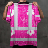 Hi Vis Shirt Reflective Tapes Pink Neon Flowers Custom Name Safety Workwear For Workers, Truckers, Operators