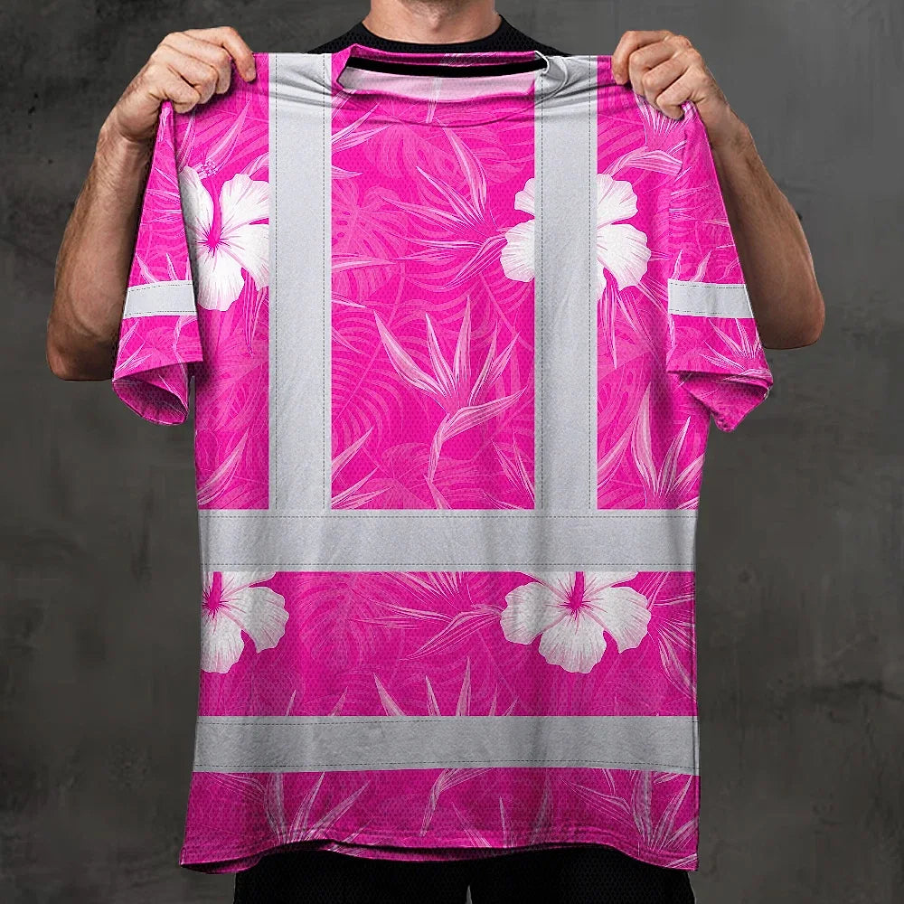 Hi Vis Shirt Reflective Tapes Pink Neon Flowers Custom Name Safety Workwear For Workers, Truckers, Operators