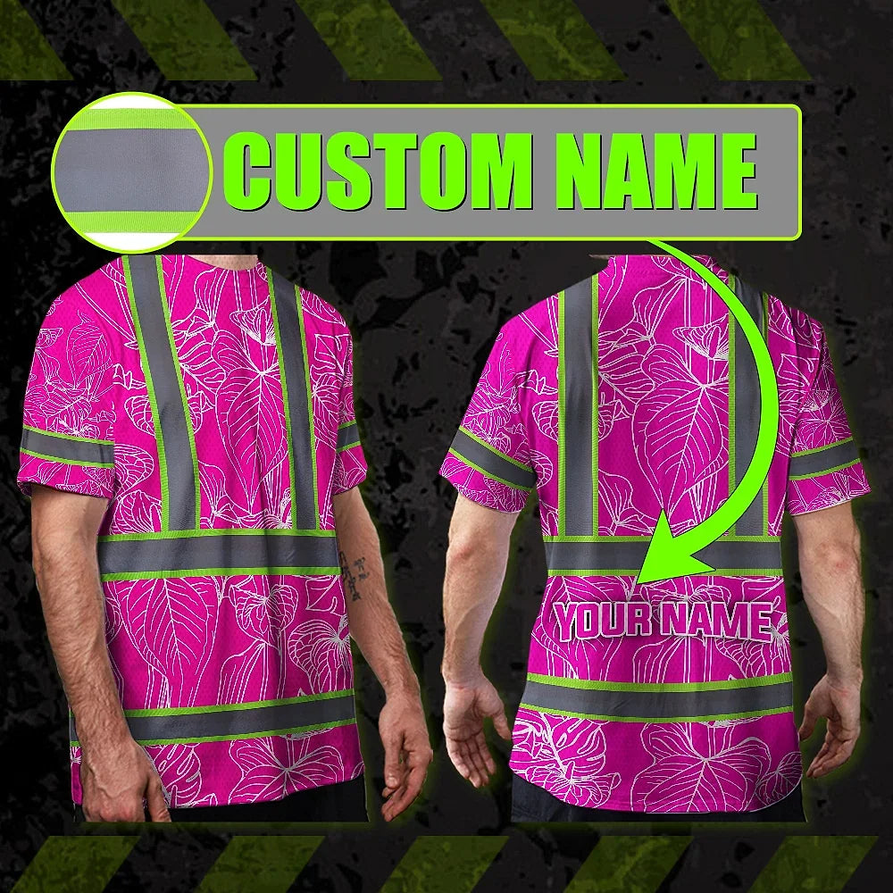 Hi Vis Shirt Reflective Tapes Pink Neon Flowers Custom Name Safety Workwear For Workers, Truckers, Operators