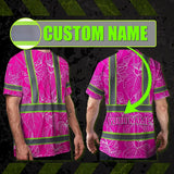 Hi Vis Shirt Reflective Tapes Pink Neon Flowers Custom Name Safety Workwear For Workers, Truckers, Operators